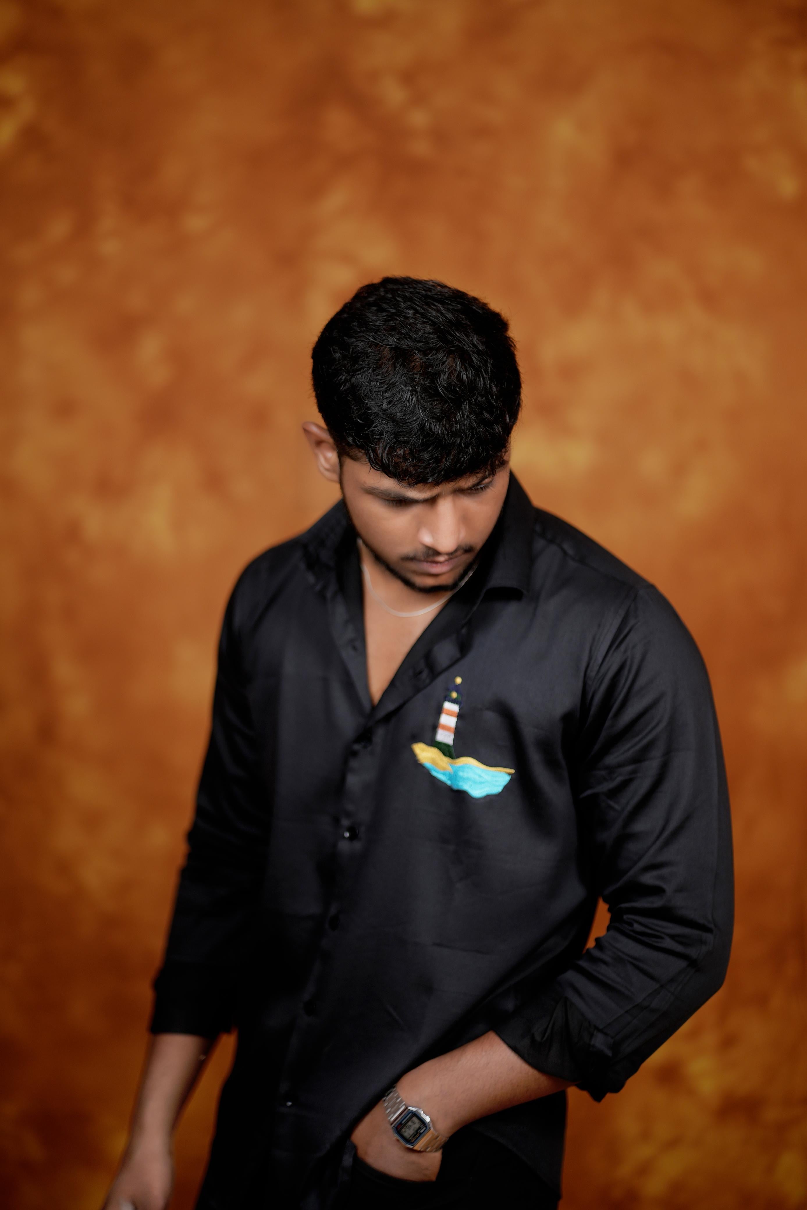 Black Shirt With Lighthouse and Beach Embroidery