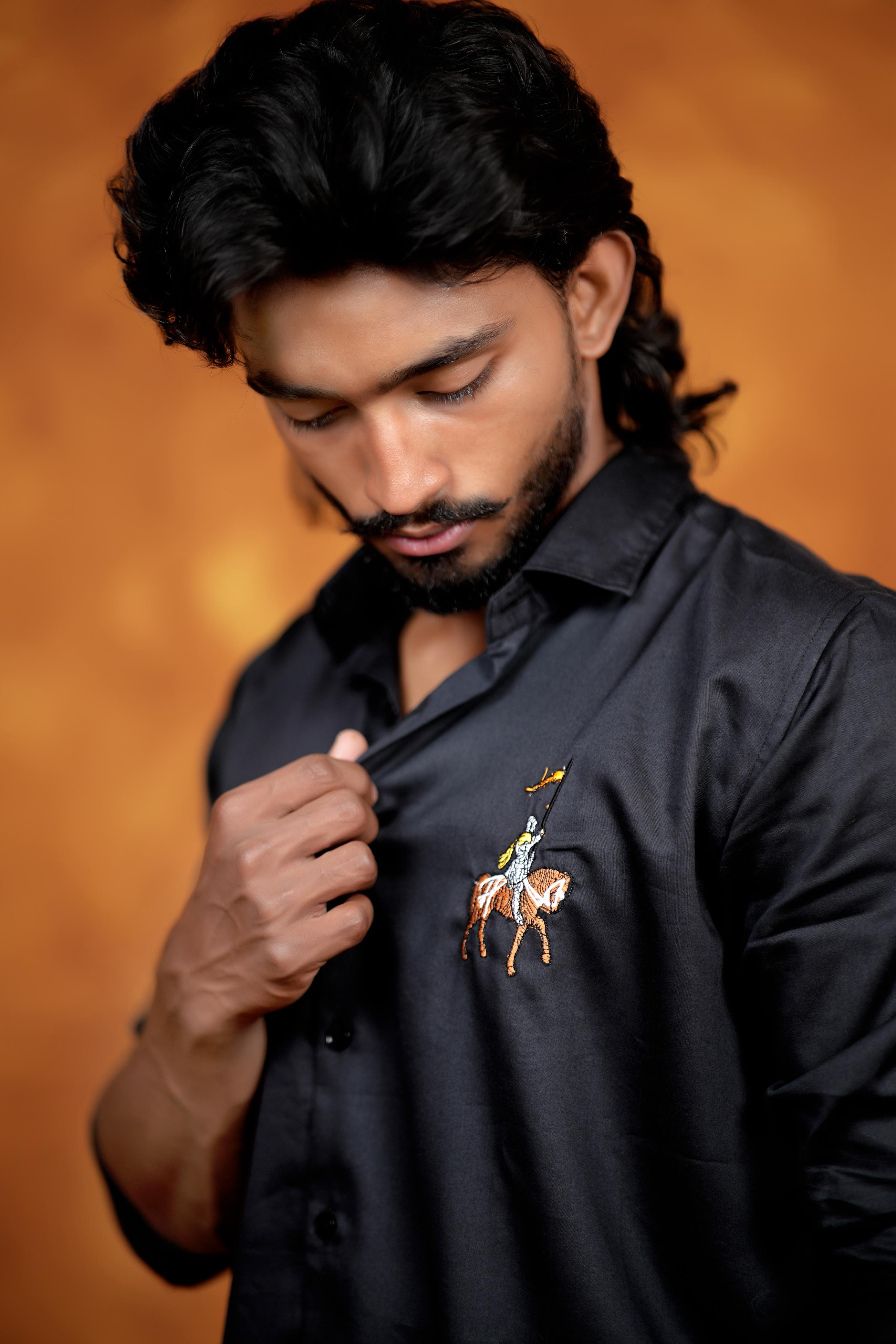 Black Shirt with Knight on Horse Embroidery
