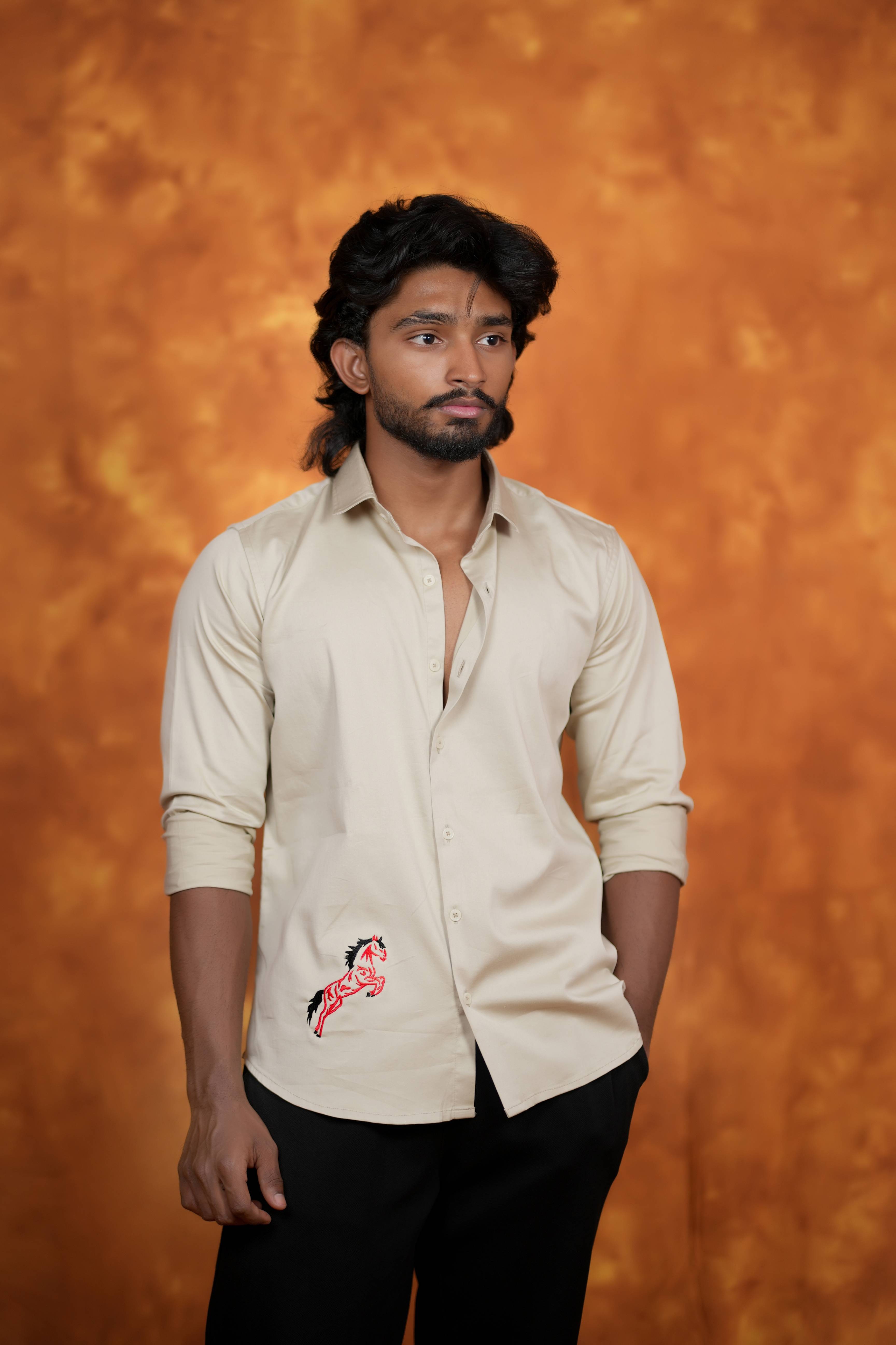 Beige Shirt with Red Horse Embroidery