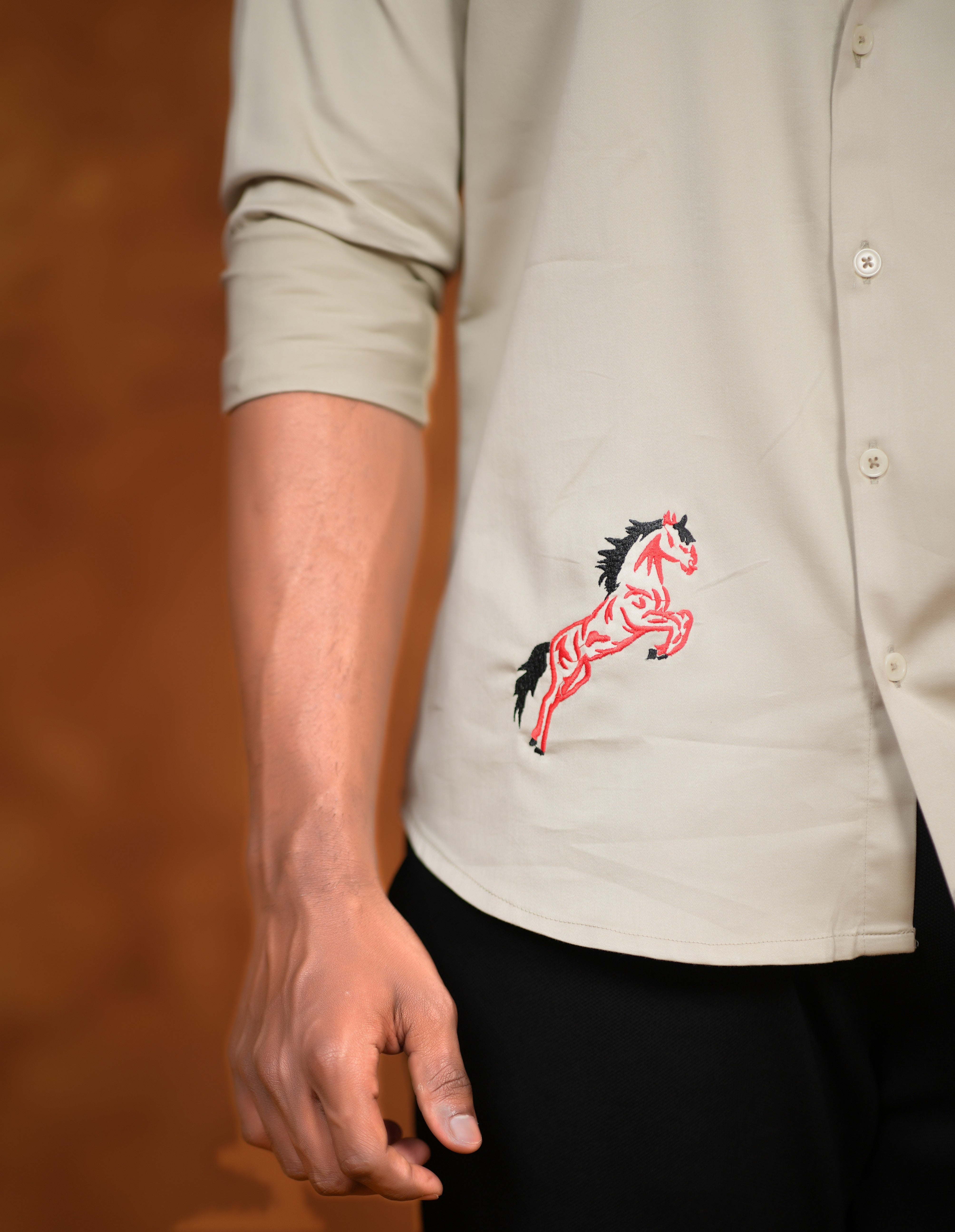 Beige Shirt with Red Horse Embroidery