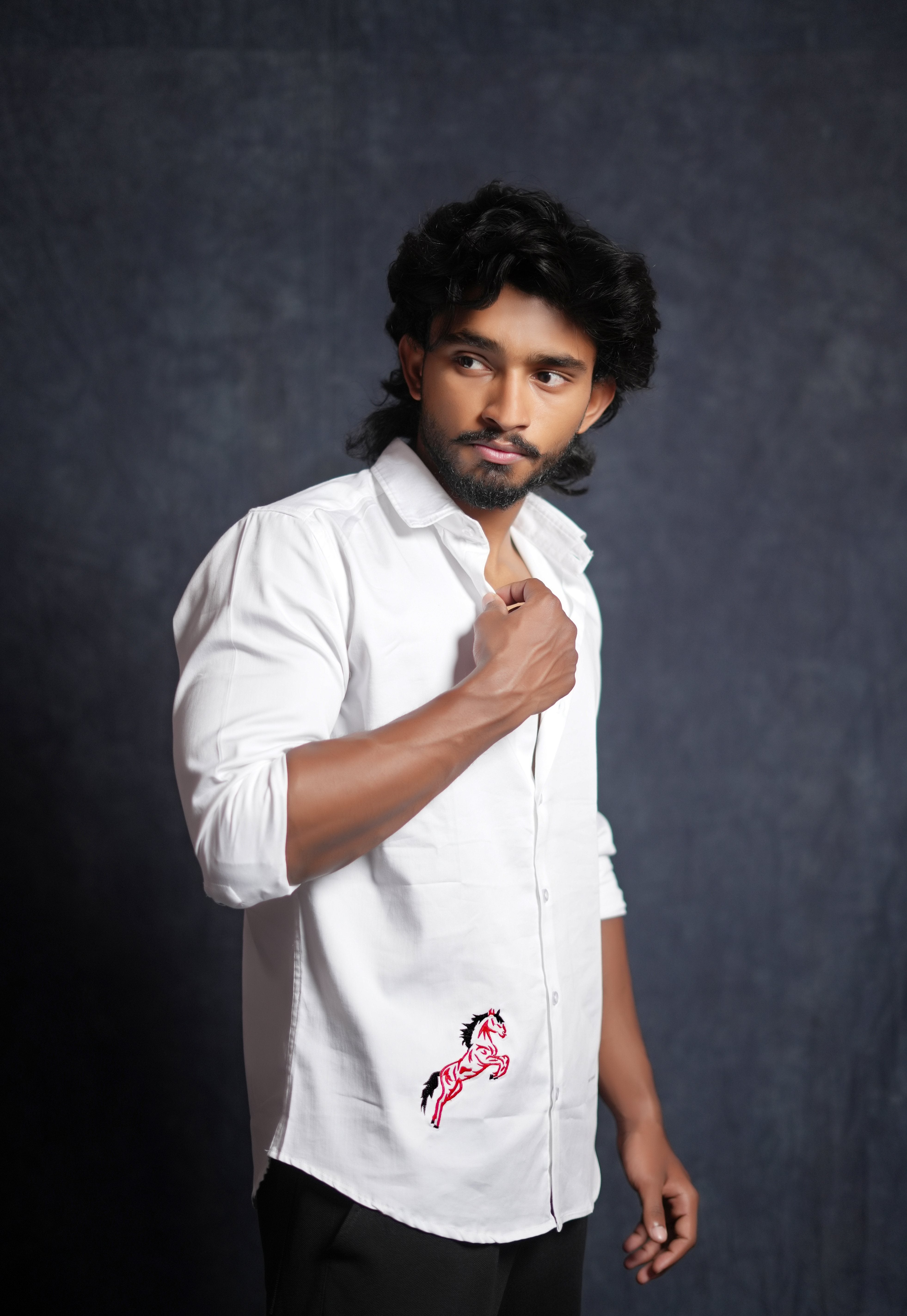 White Shirt with Red and Black Horse Embroidery