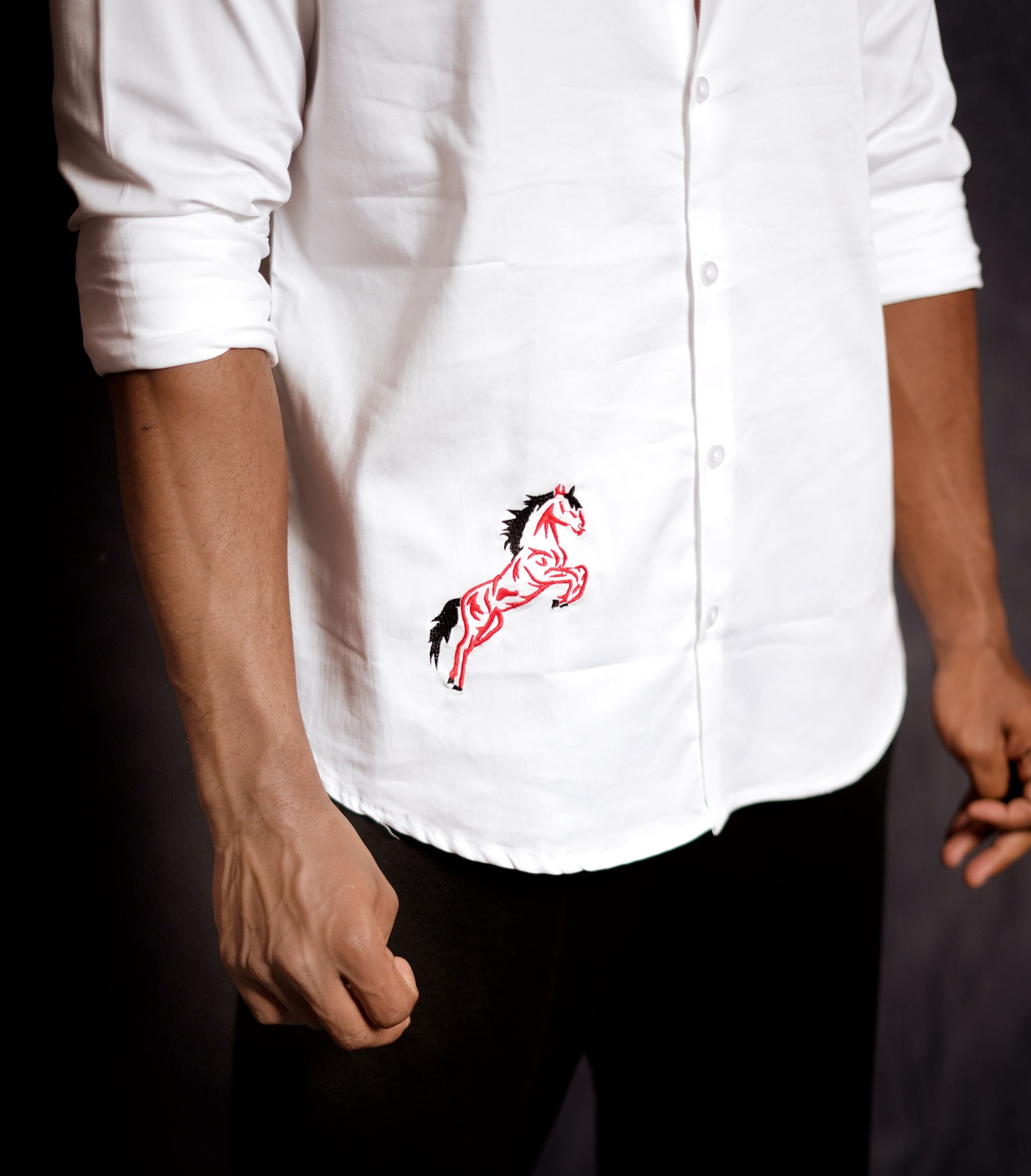 White Shirt with Red and Black Horse Embroidery