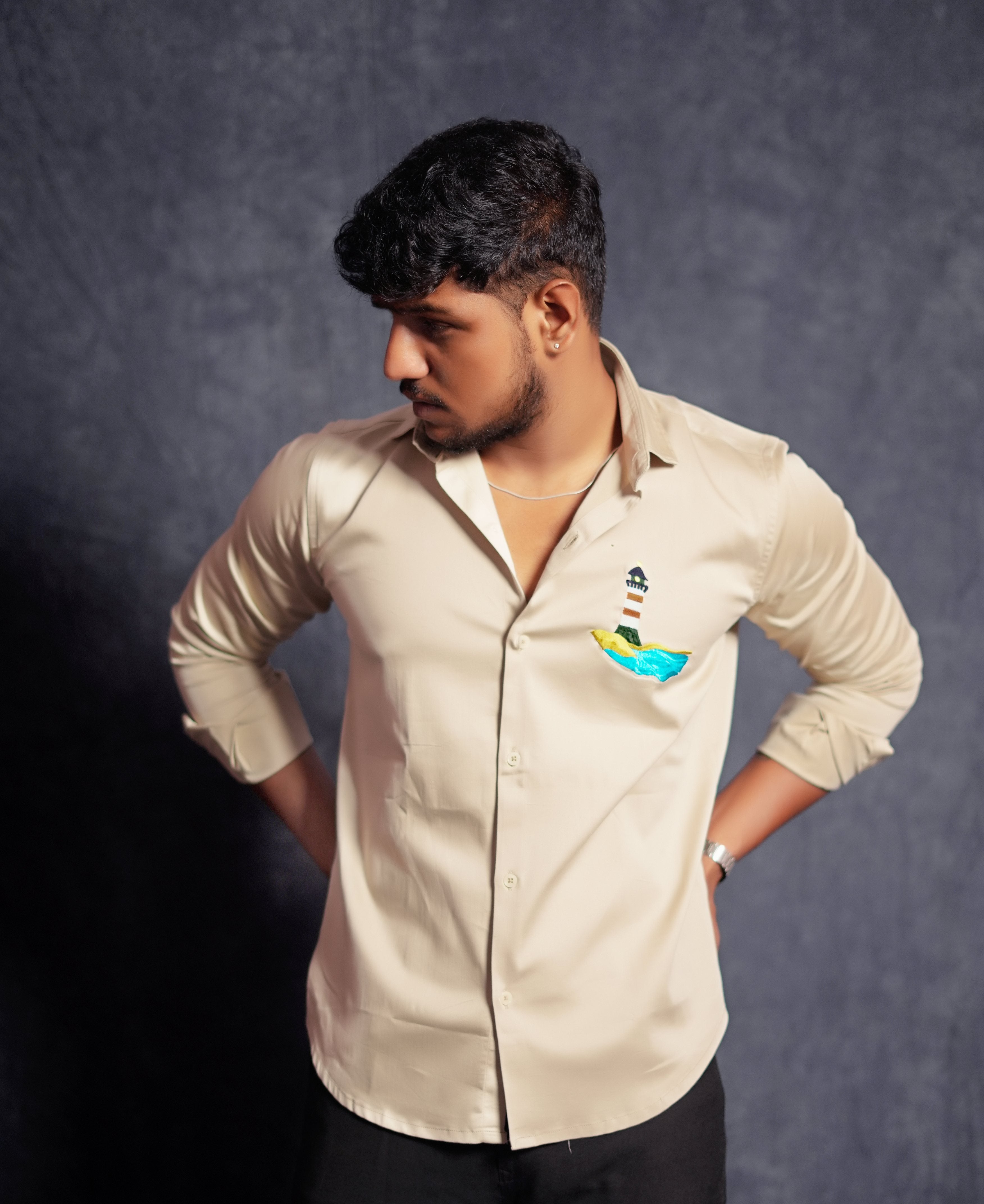 Beige Shirt With lighthouse and beach Embroidery
