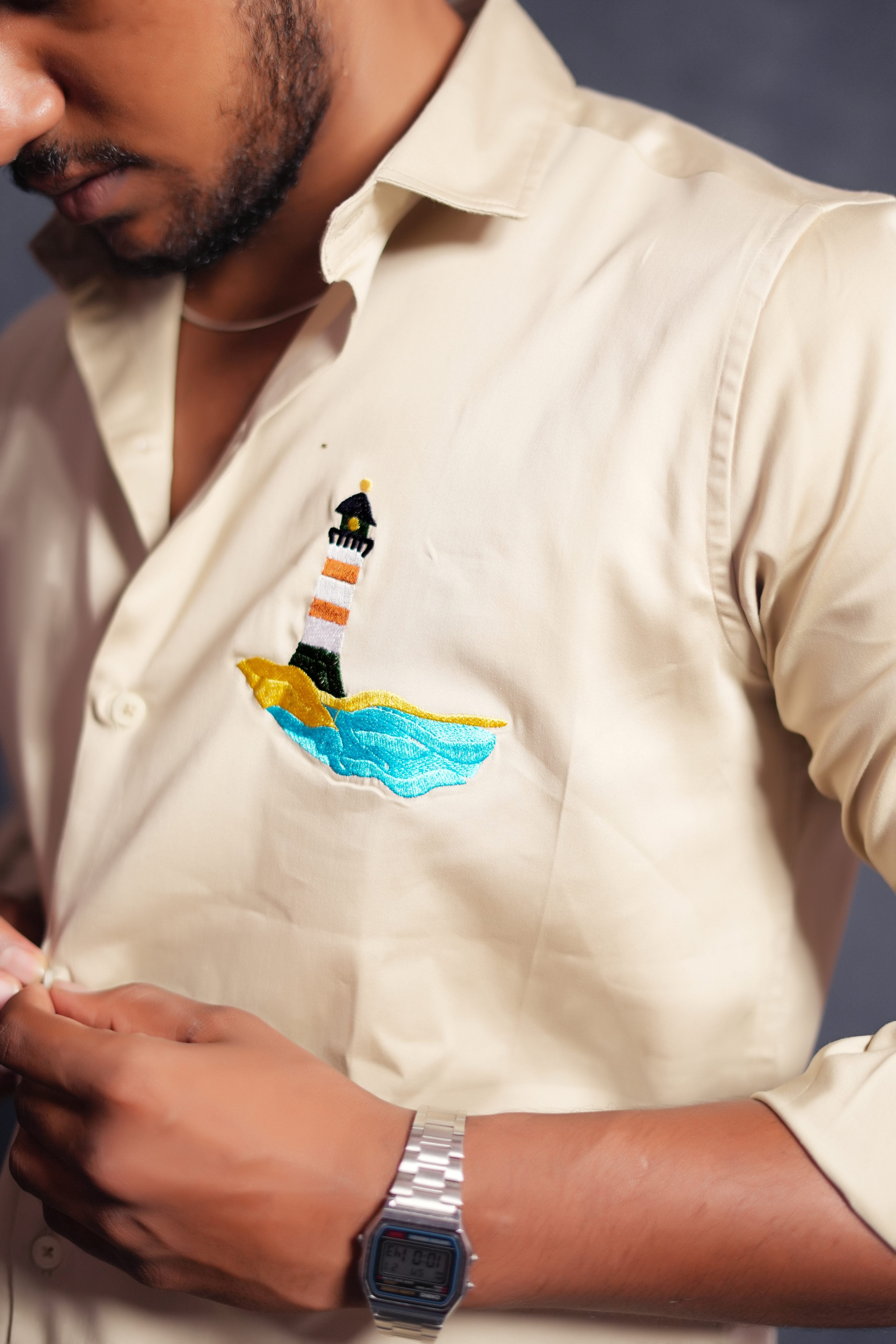 Beige Shirt With lighthouse and beach Embroidery