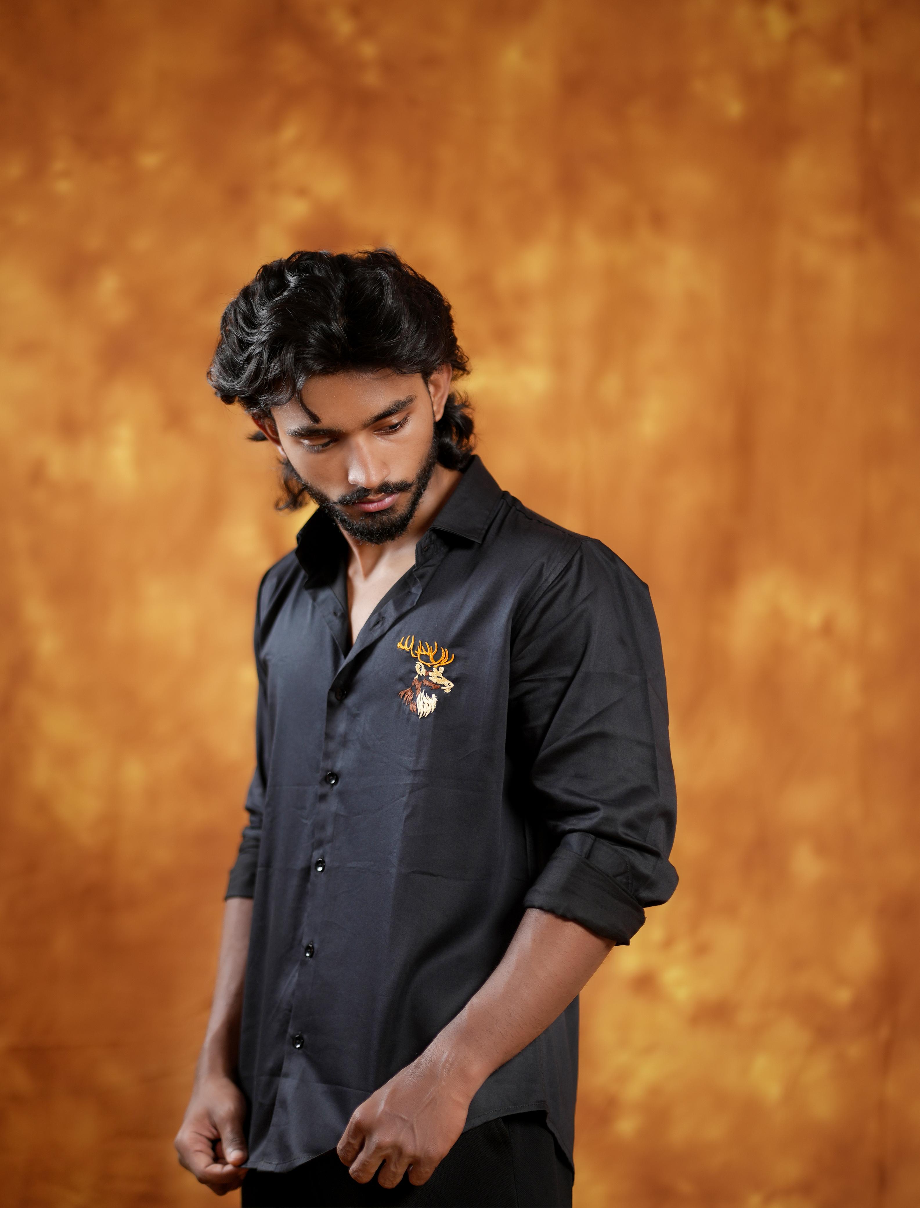 Black Shirt With Deer Embroidery