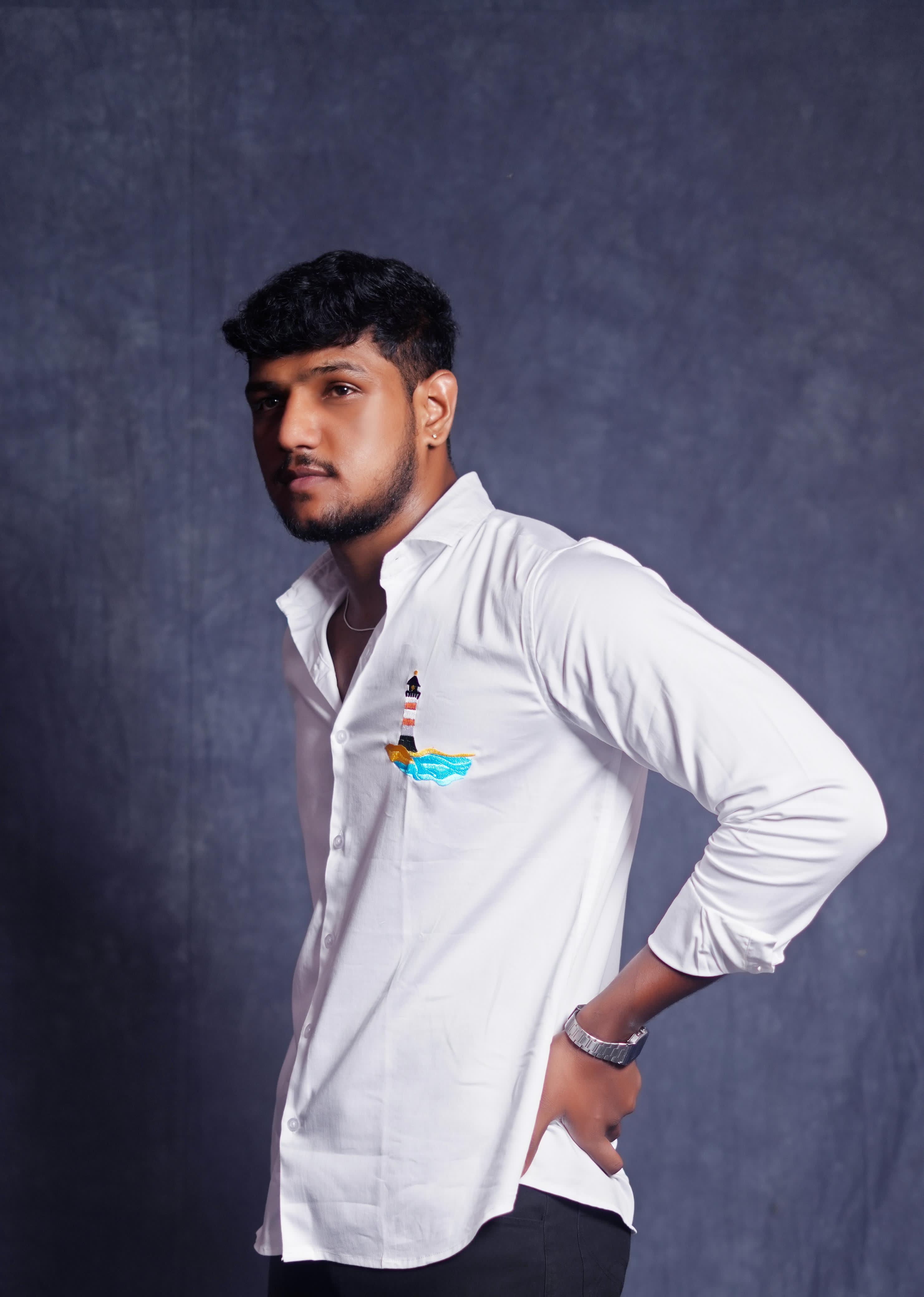 White Shirt With Lighthouse and Beach Embroidery